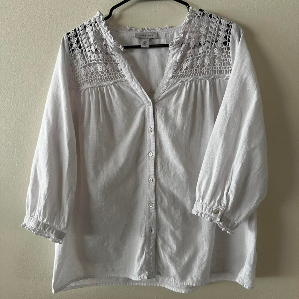 Vintage America White Cotton Gauze Crochet Lace Peasant Blouse Womens M
